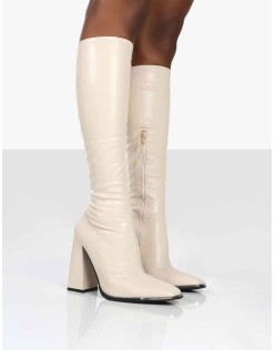 Caryn Stone PU Knee High Heeled Boots