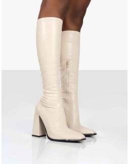 Caryn Stone PU Knee High Heeled Boots