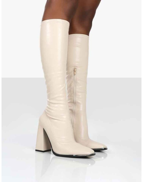 Caryn Stone PU Knee High Heeled Boots