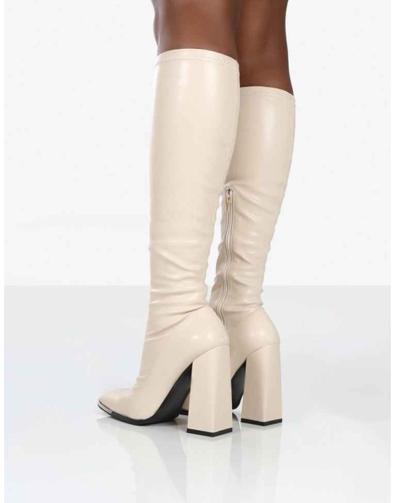 Caryn Stone PU Knee High Heeled Boots