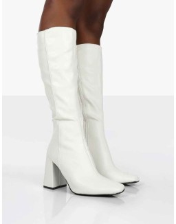 Apology White Pu Knee High Block Heel Boots