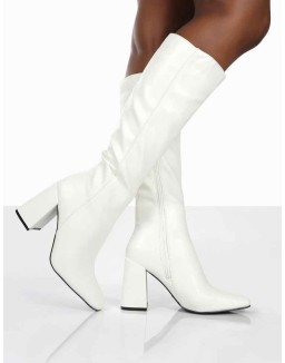 Apology White Pu Knee High Block Heel Boots