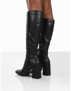 Apology Black Pu Knee High Block Heel Boots