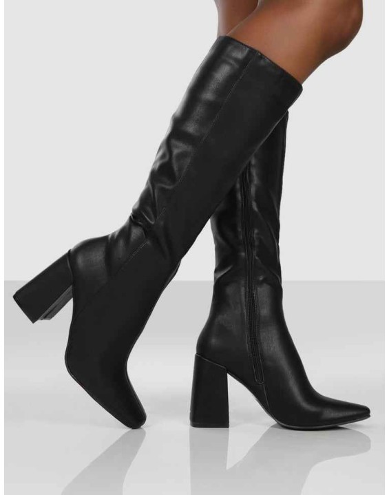 Apology Black Pu Knee High Block Heel Boots