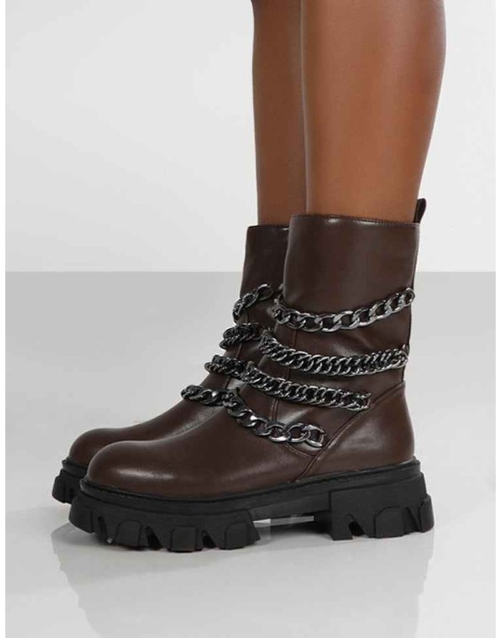 Restrain Chocolate Pu Chain Detail Platform Chunky Sole Ankle Boot