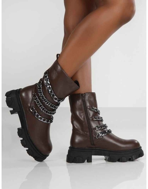 Restrain Chocolate Pu Chain Detail Platform Chunky Sole Ankle Boot