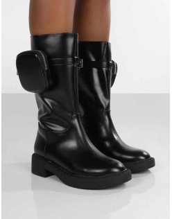 Evoke Black Pocket Detail Calf Height Boot