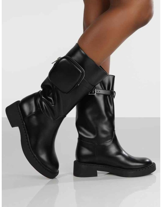 Evoke Black Pocket Detail Calf Height Boot