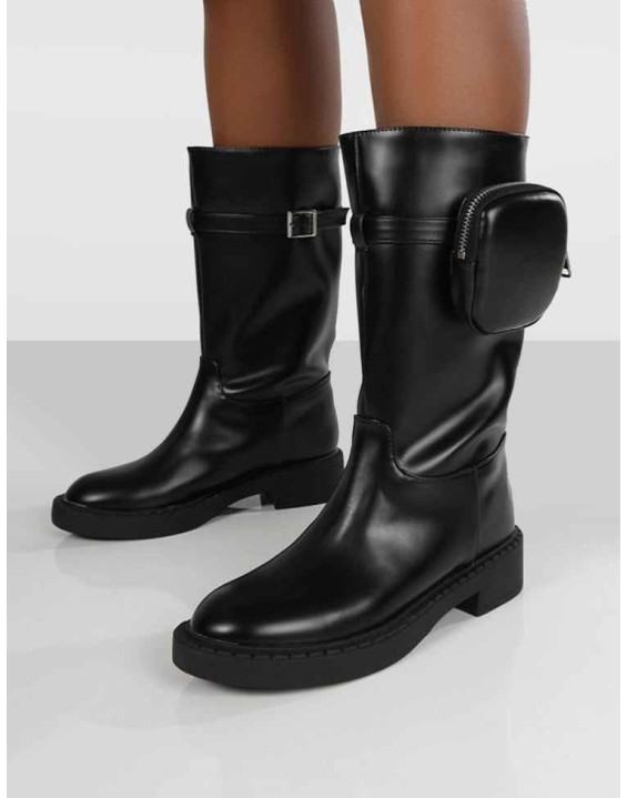 Evoke Black Pocket Detail Calf Height Boot