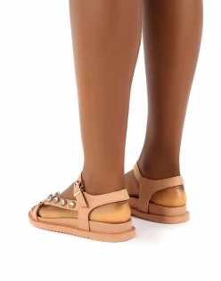Sadie Beige Jewel Detail Flat Sandal