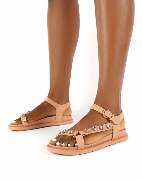 Sadie Beige Jewel Detail Flat Sandal