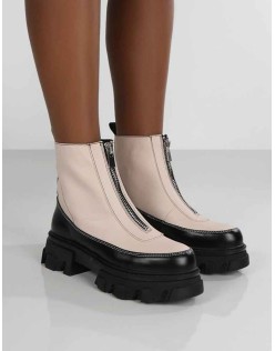 Direction Bone Pu Zip Front Chunky Sole Ankle Boot