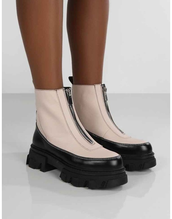 Direction Bone Pu Zip Front Chunky Sole Ankle Boot