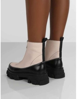 Direction Bone Pu Zip Front Chunky Sole Ankle Boot