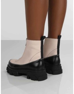 Direction Bone Pu Zip Front Chunky Sole Ankle Boot