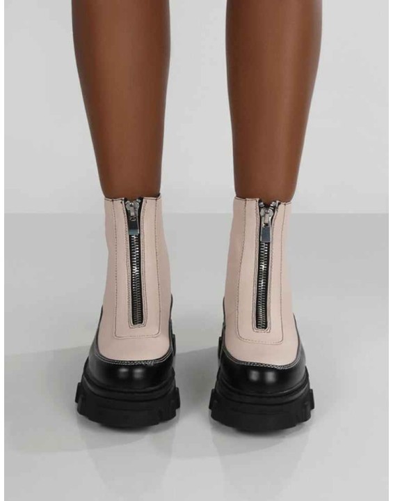 Direction Bone Pu Zip Front Chunky Sole Ankle Boot