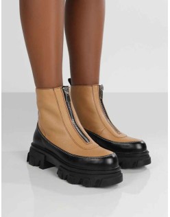 Direction Tan Pu Zip Front Chunky Sole Ankle Boot