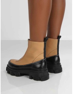 Direction Tan Pu Zip Front Chunky Sole Ankle Boot