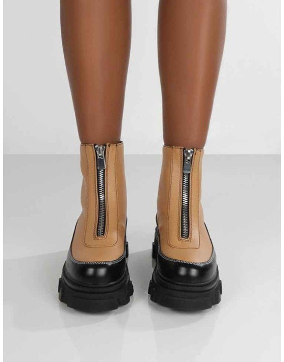 Direction Tan Pu Zip Front Chunky Sole Ankle Boot