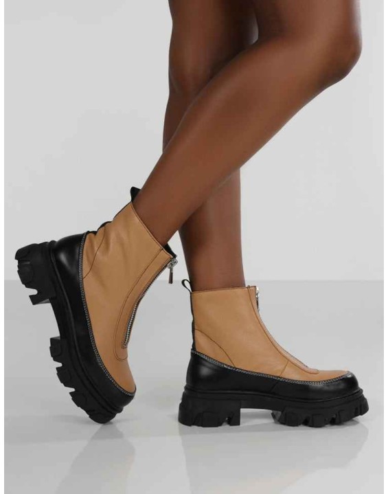 Direction Tan Pu Zip Front Chunky Sole Ankle Boot