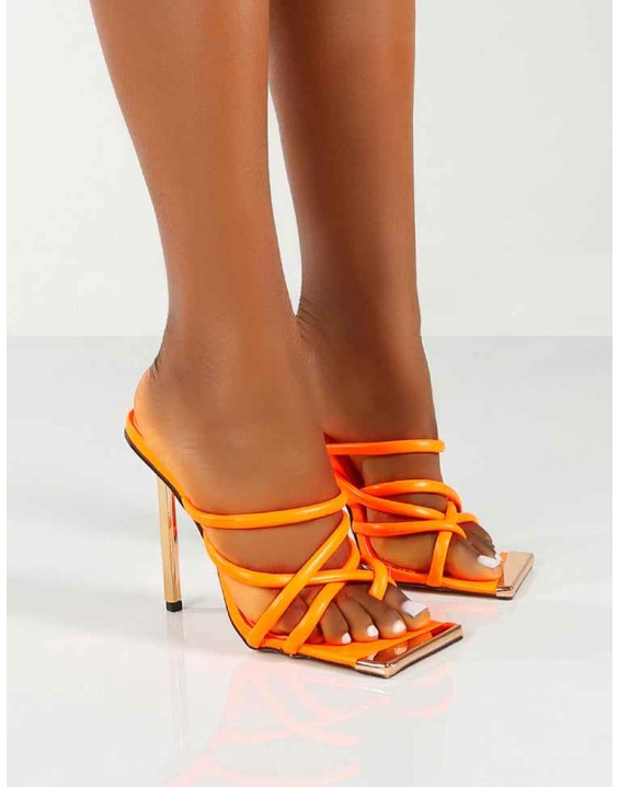 Coincidence Orange Strappy Square Toe Metallic Stiletto Heels