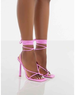 Lacey Bubblegum Pink Square Toe Strappy Lace Up Stiletto Heels
