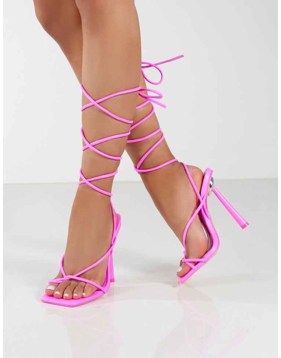 Lacey Bubblegum Pink Square Toe Strappy Lace Up Stiletto Heels