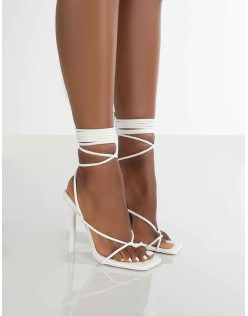 Lacey White Square Toe Strappy Lace Up Stiletto Heels