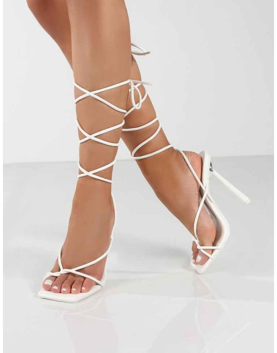 Lacey White Square Toe Strappy Lace Up Stiletto Heels
