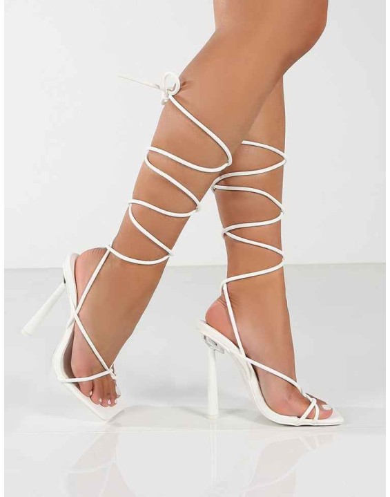 Lacey White Square Toe Strappy Lace Up Stiletto Heels