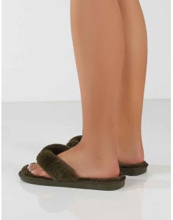 Cuddle Khaki Green Thong Strap Faux Fur Slippers