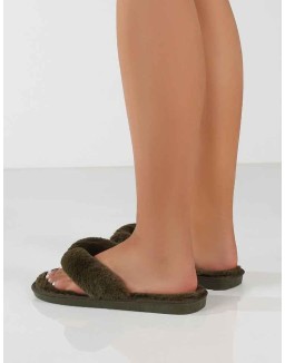 Cuddle Khaki Green Thong Strap Faux Fur Slippers