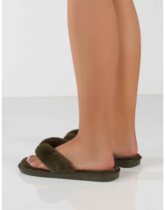 Cuddle Khaki Green Thong Strap Faux Fur Slippers