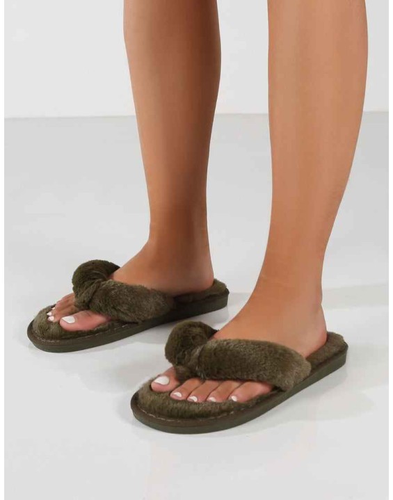 Cuddle Khaki Green Thong Strap Faux Fur Slippers