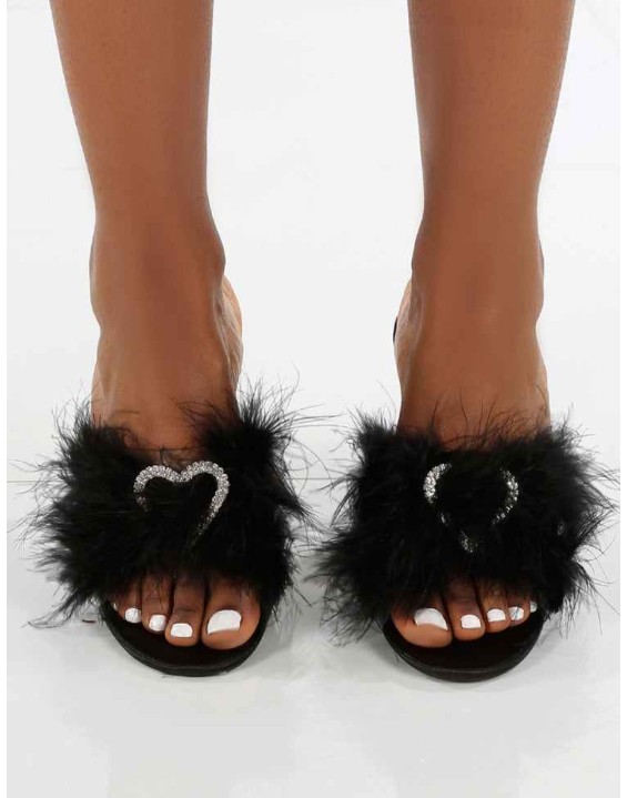 Glam Black Embellished Heart Feather Mule Heels