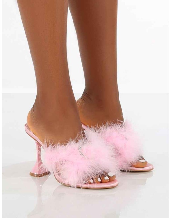 Glam Pink WF Embellished Heart Feather Mule Heels