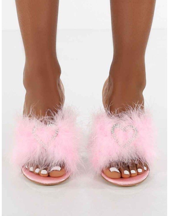 Glam Pink WF Embellished Heart Feather Mule Heels