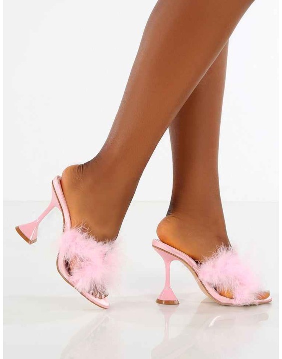 Glam Pink WF Embellished Heart Feather Mule Heels