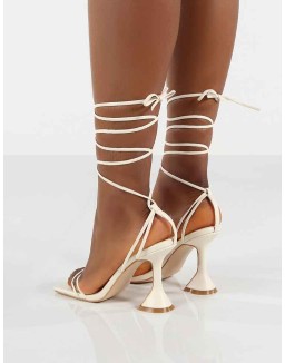 Dymond Off White Lace Up Square Toe Cake Stand Heels
