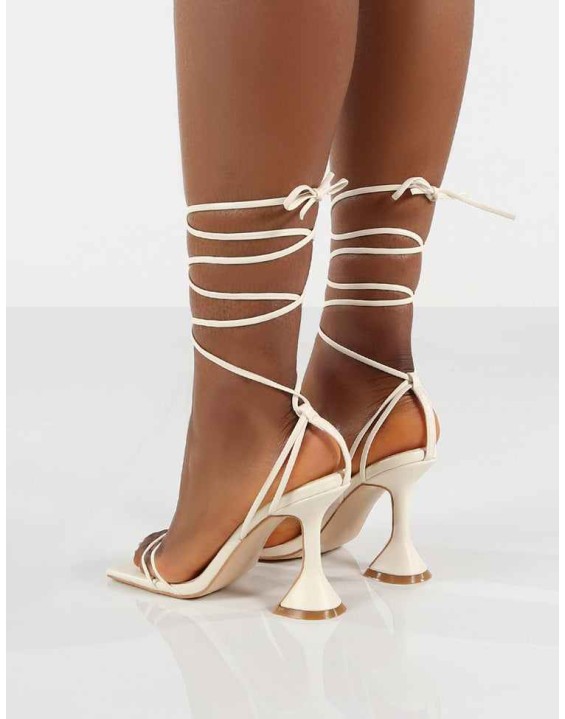 Dymond Off White Lace Up Square Toe Cake Stand Heels