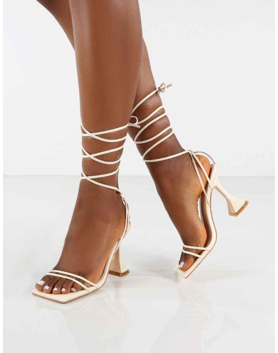 Dymond Off White Lace Up Square Toe Cake Stand Heels