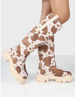 Amber x Public Desire Genius Cow Print Knee High Chunky Sole Boot