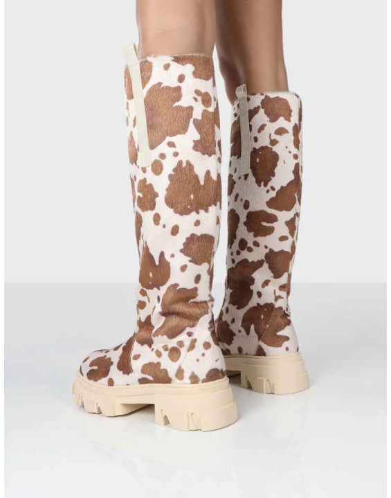 Amber x Public Desire Genius Cow Print Knee High Chunky Sole Boot