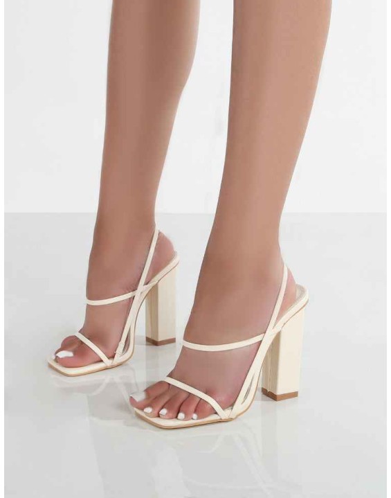 Halley Off White PU Strappy Block Heels