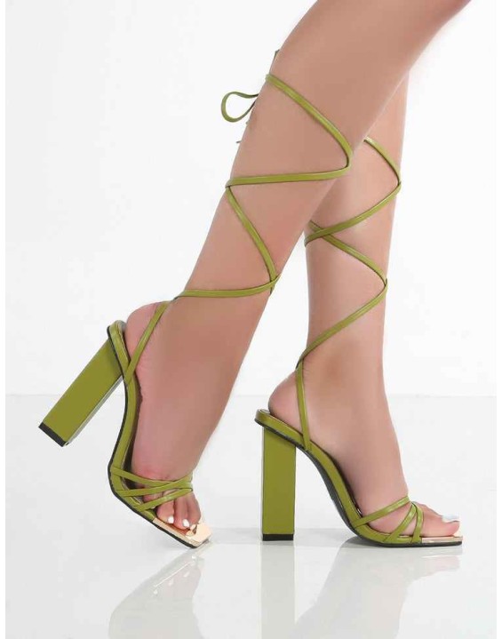 Amira Olive Green PU Lace Up Block Heels