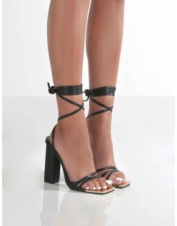 Amira Black PU Lace Up Block Heels