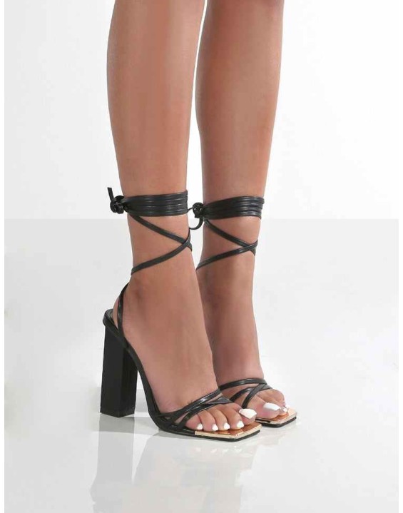 Amira Black PU Lace Up Block Heels