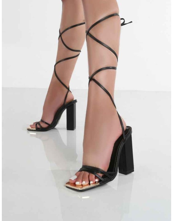 Amira Black PU Lace Up Block Heels