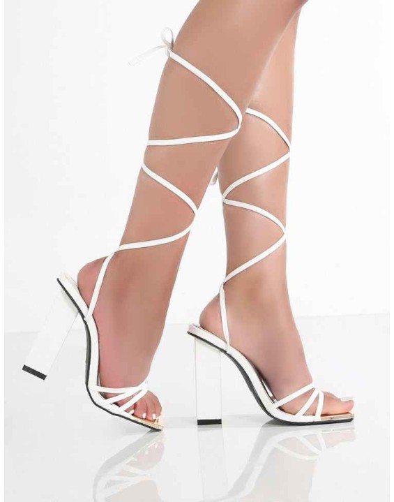 Amira White PU Lace Up Block Heels