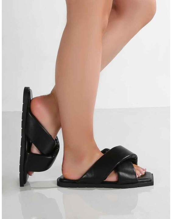 Shatter Wide Fit Black Cross Over Slider Sandals